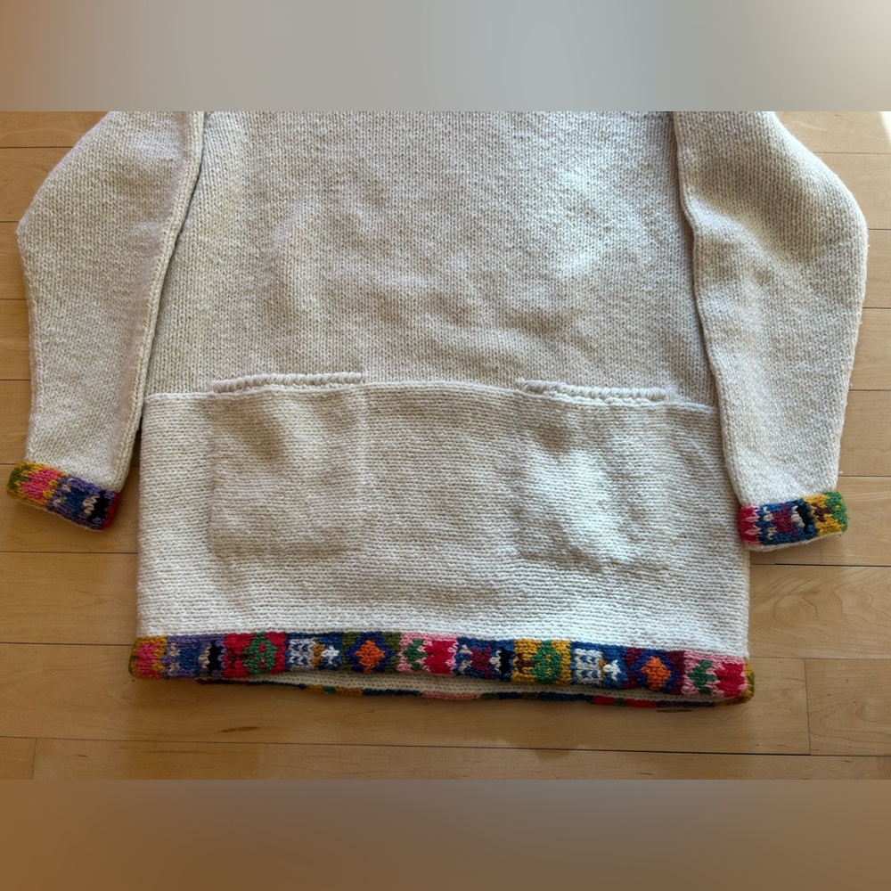 Amano 100% Wool Hand-Knit Funnel Neck Sweater Cream w/ Colorful Accents Size M/L - Picture 4 of 13